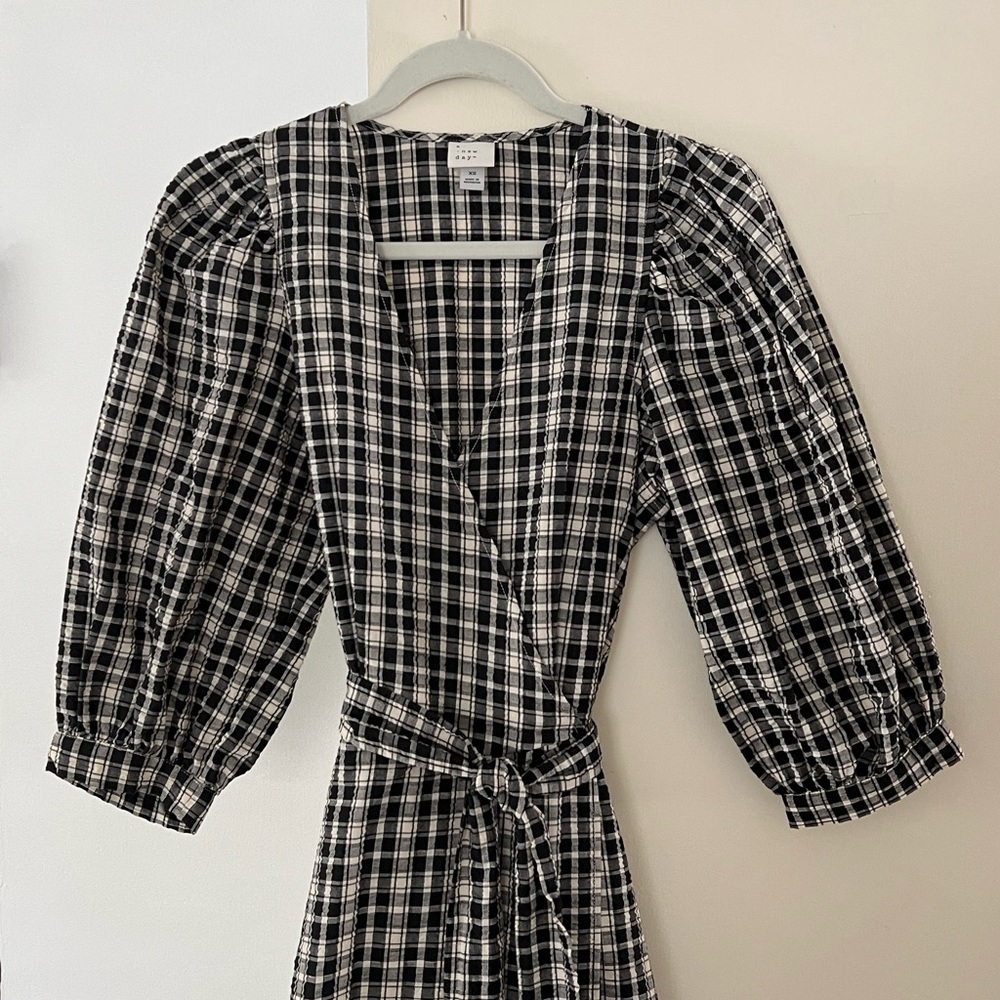 Black & White Plaid Midi Dress with Tie Waist